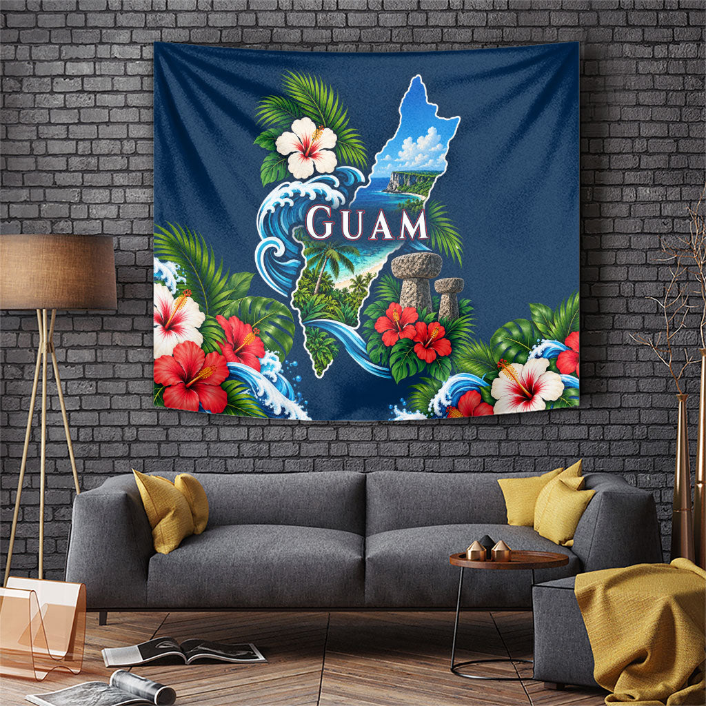 Guam Map Latte Stone Tapestry Hibiscus Floral Coastal Landscape TS04 Blue Red - Polynesian Pride