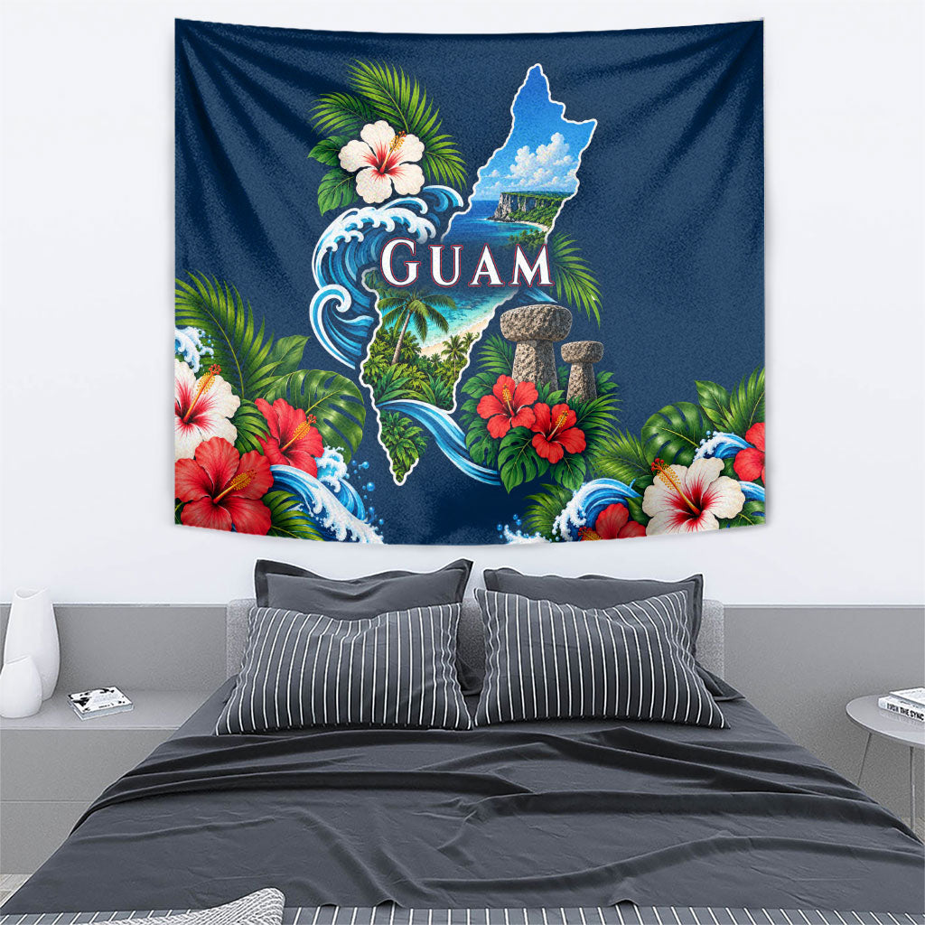 Guam Map Latte Stone Tapestry Hibiscus Floral Coastal Landscape TS04 - Polynesian Pride