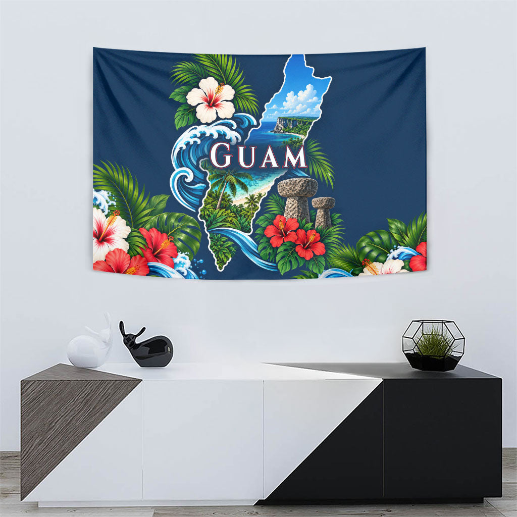 Guam Map Latte Stone Tapestry Hibiscus Floral Coastal Landscape TS04 - Polynesian Pride