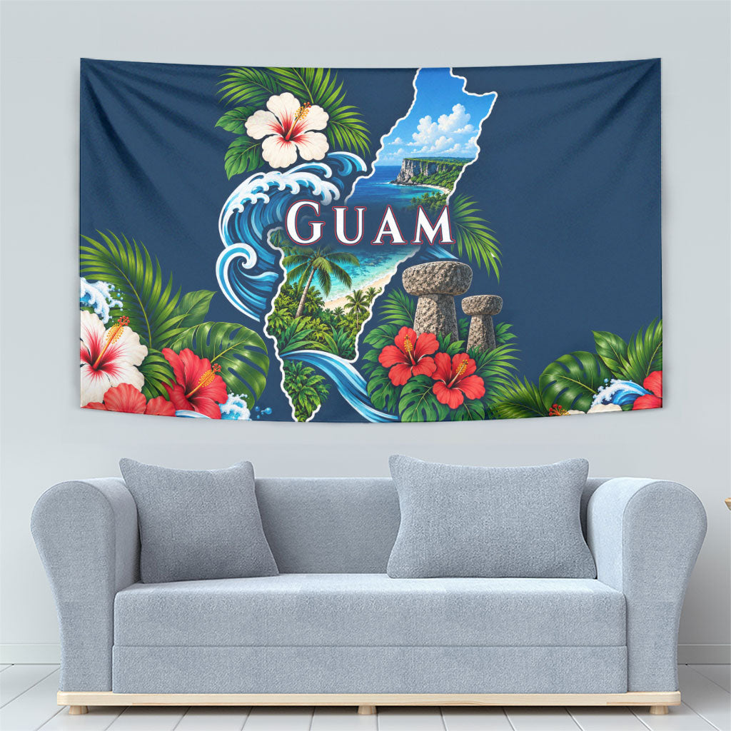 Guam Map Latte Stone Tapestry Hibiscus Floral Coastal Landscape TS04 - Polynesian Pride