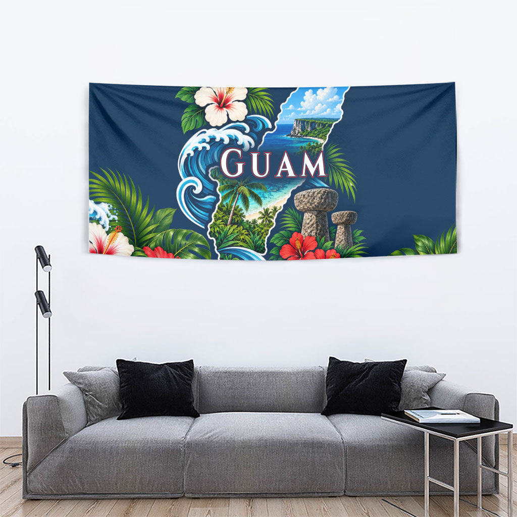 Guam Map Latte Stone Tapestry Hibiscus Floral Coastal Landscape TS04 - Polynesian Pride