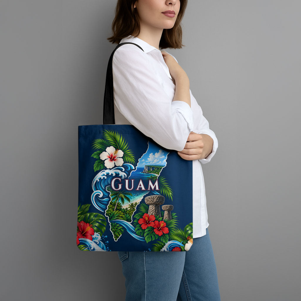 Guam Map Latte Stone Tote Bag Hibiscus Floral Coastal Landscape TS04 - Polynesian Pride