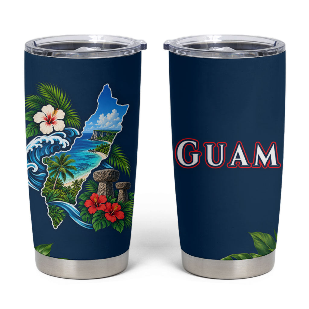 Guam Map Latte Stone Tumbler Cup Hibiscus Floral Coastal Landscape TS04 Blue Red - Polynesian Pride