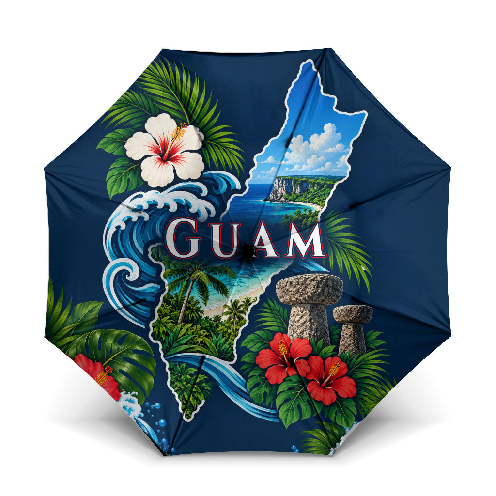 Guam Map Latte Stone Umbrella Hibiscus Floral Coastal Landscape TS04 One Size Folded 11.42 inch Opened Diameter 37.4 inch Blue Red - Polynesian Pride