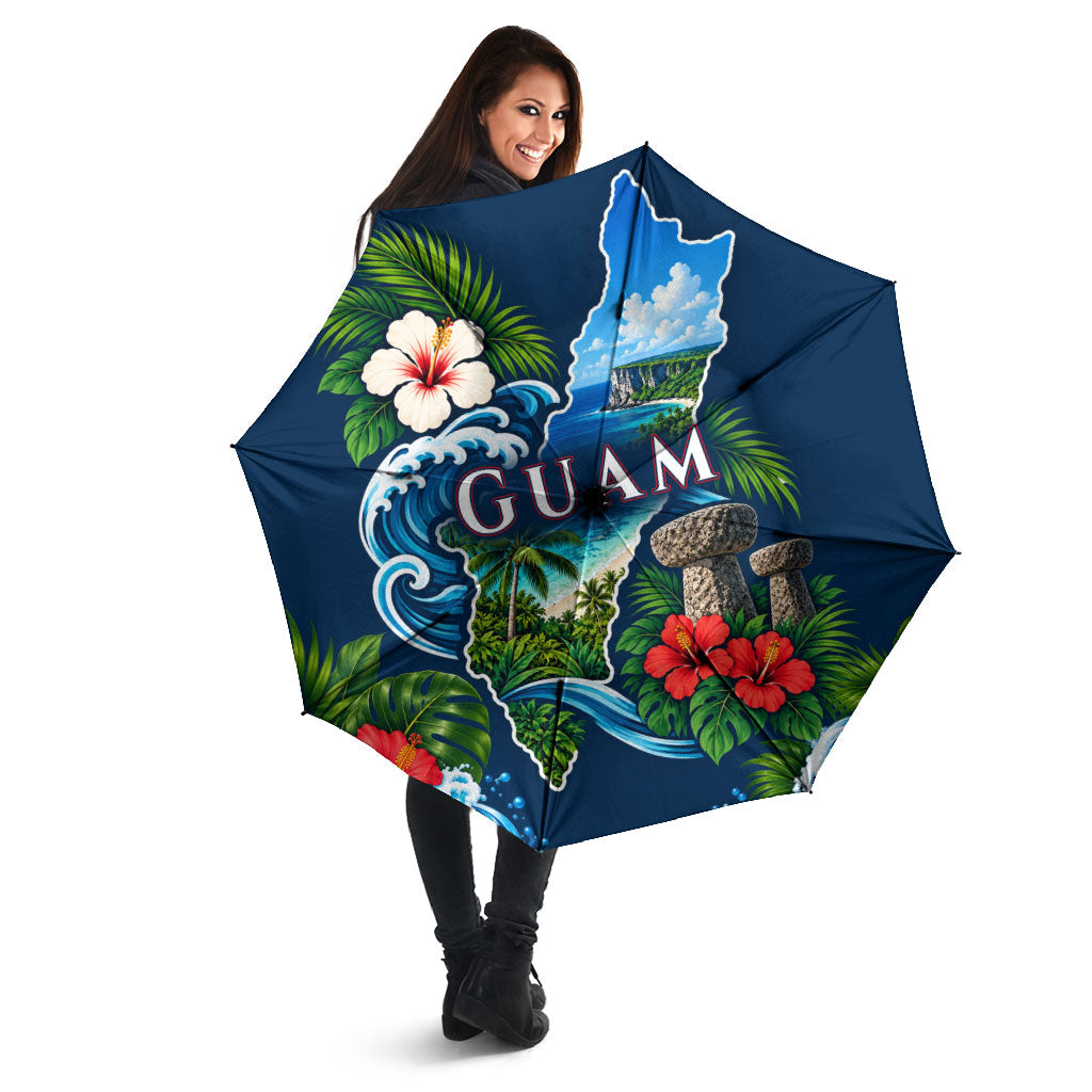Guam Map Latte Stone Umbrella Hibiscus Floral Coastal Landscape TS04 - Polynesian Pride