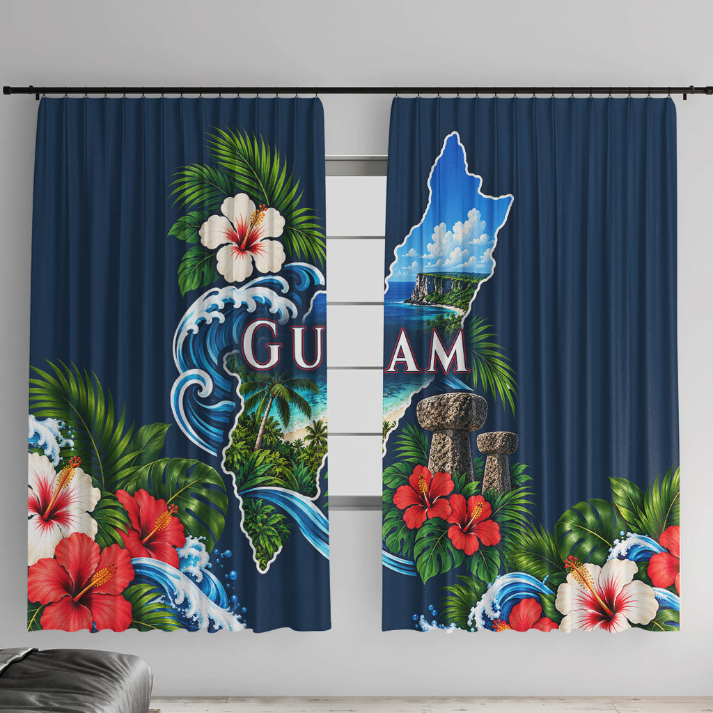 Guam Map Latte Stone Window Curtain Hibiscus Floral Coastal Landscape TS04 With Hooks Blue Red - Polynesian Pride