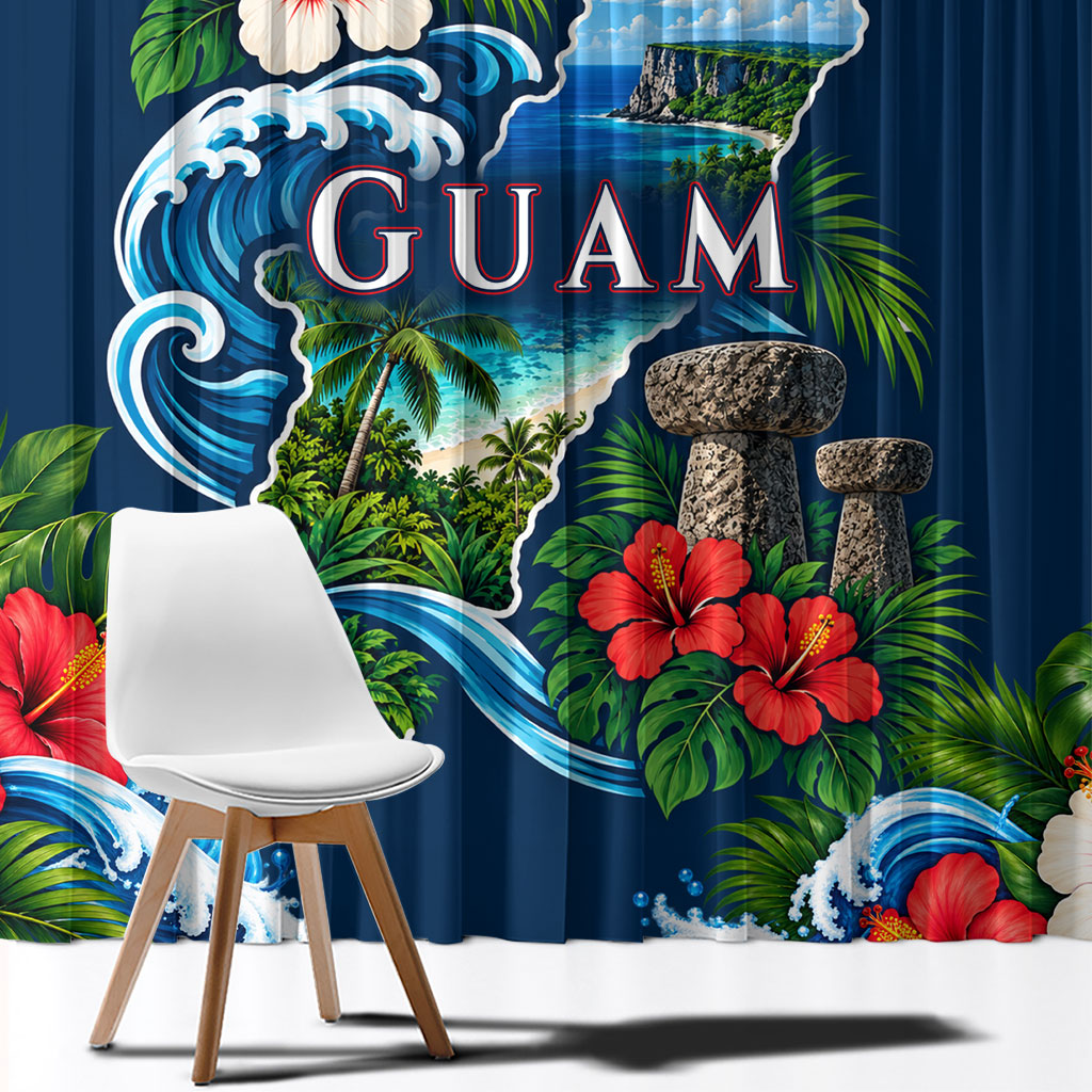Guam Map Latte Stone Window Curtain Hibiscus Floral Coastal Landscape TS04 - Polynesian Pride