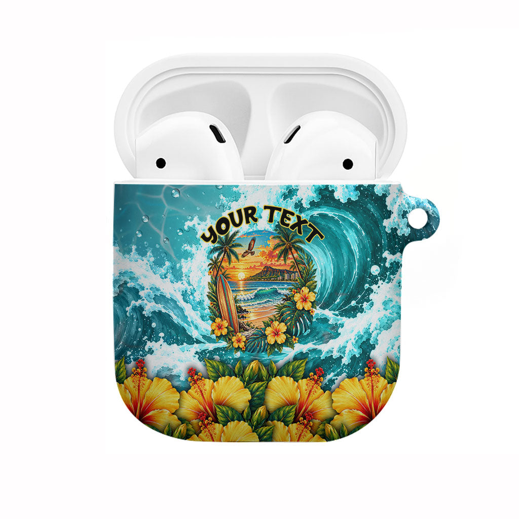 Personalized Hawaii 60th Birthday Eagle AirPods Case Tropical Sunset Beach Hibiscus Ocean Wave