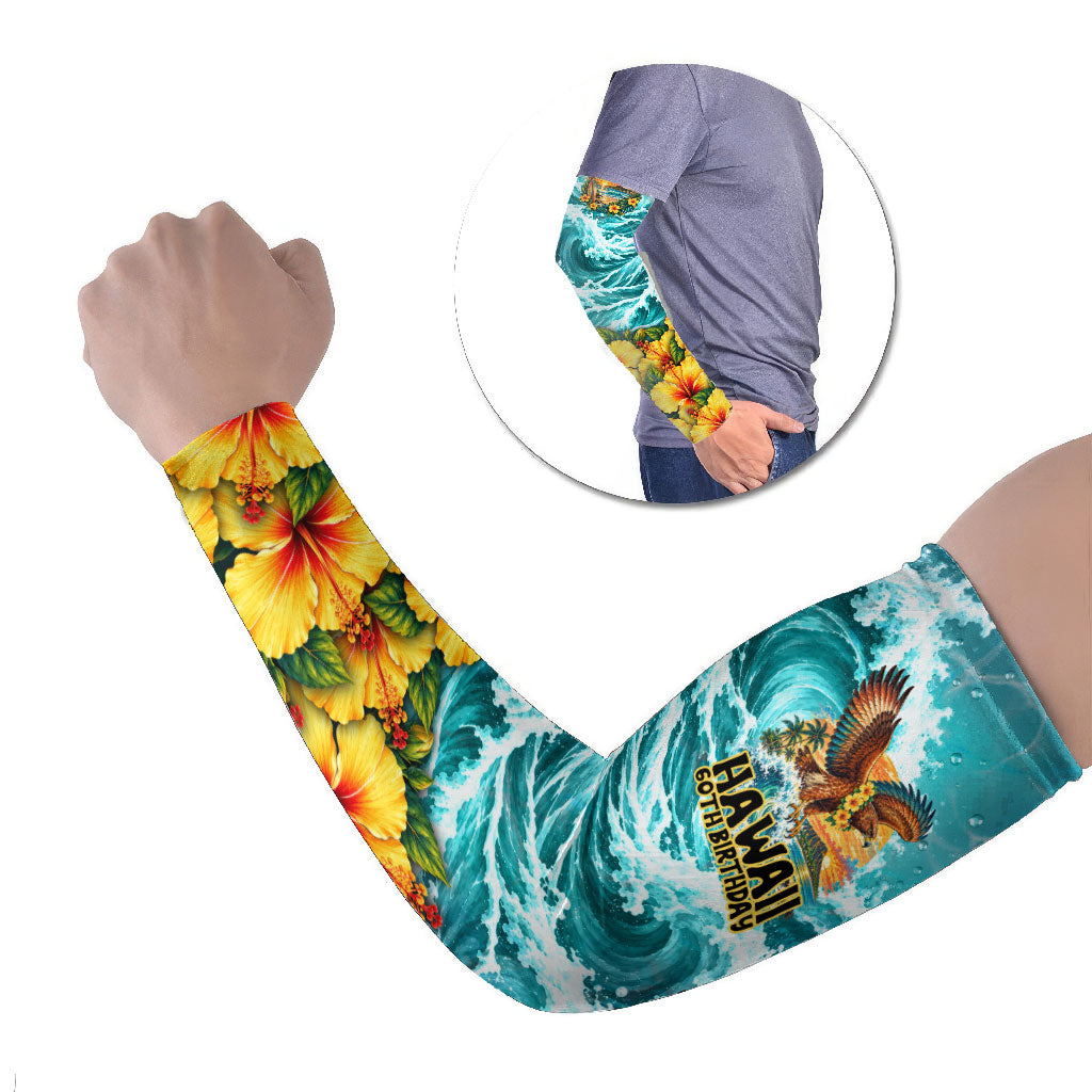 Personalized Hawaii 60th Birthday Eagle Arm Sleeves Tropical Sunset Beach Hibiscus Ocean Wave