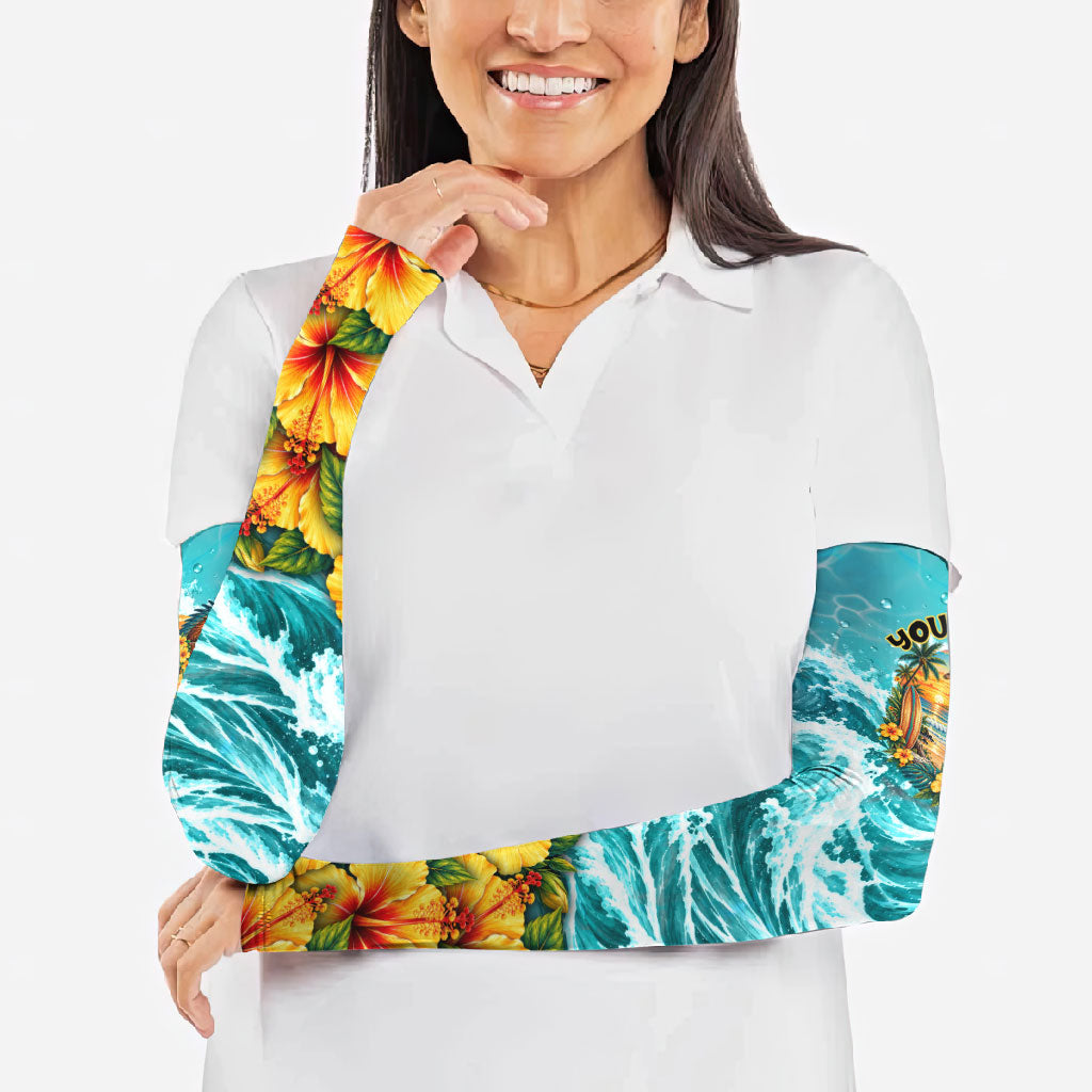 Personalized Hawaii 60th Birthday Eagle Arm Sleeves Tropical Sunset Beach Hibiscus Ocean Wave