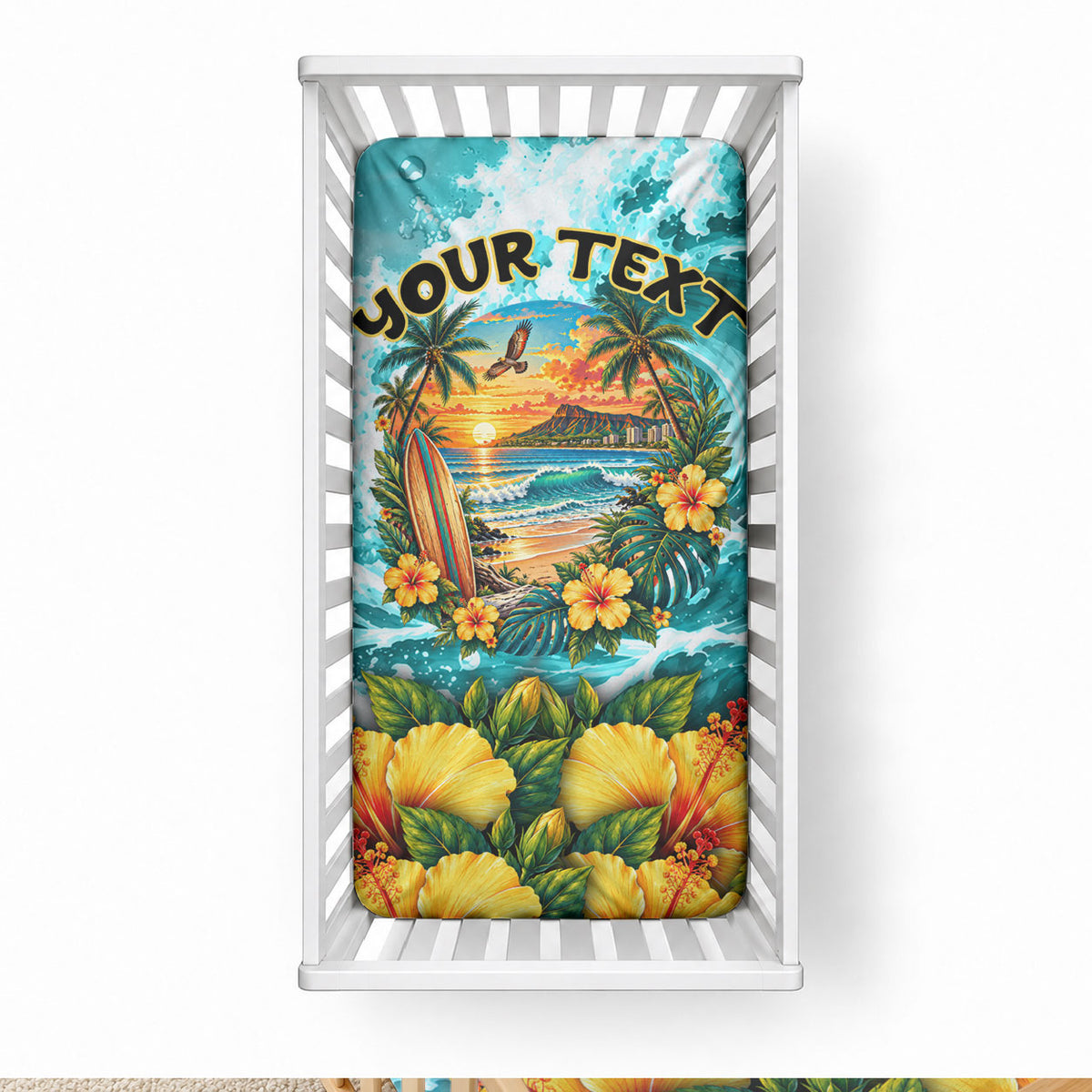 Personalized Hawaii 60th Birthday Eagle Baby Bed Cover Tropical Sunset Beach Hibiscus Ocean Wave