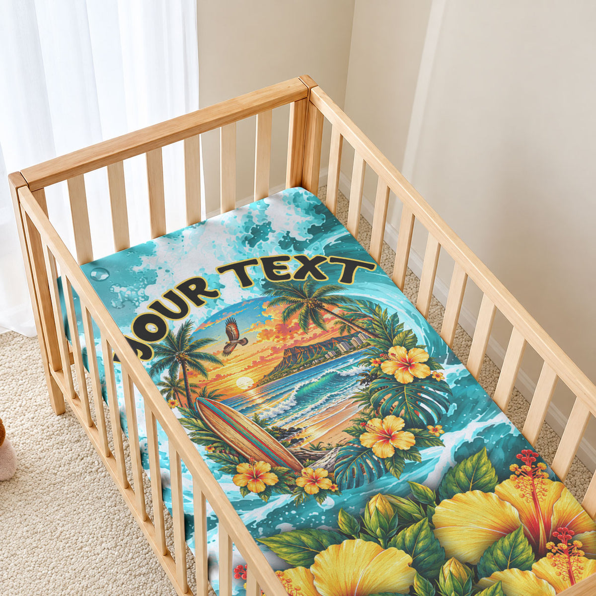 Personalized Hawaii 60th Birthday Eagle Baby Bed Cover Tropical Sunset Beach Hibiscus Ocean Wave