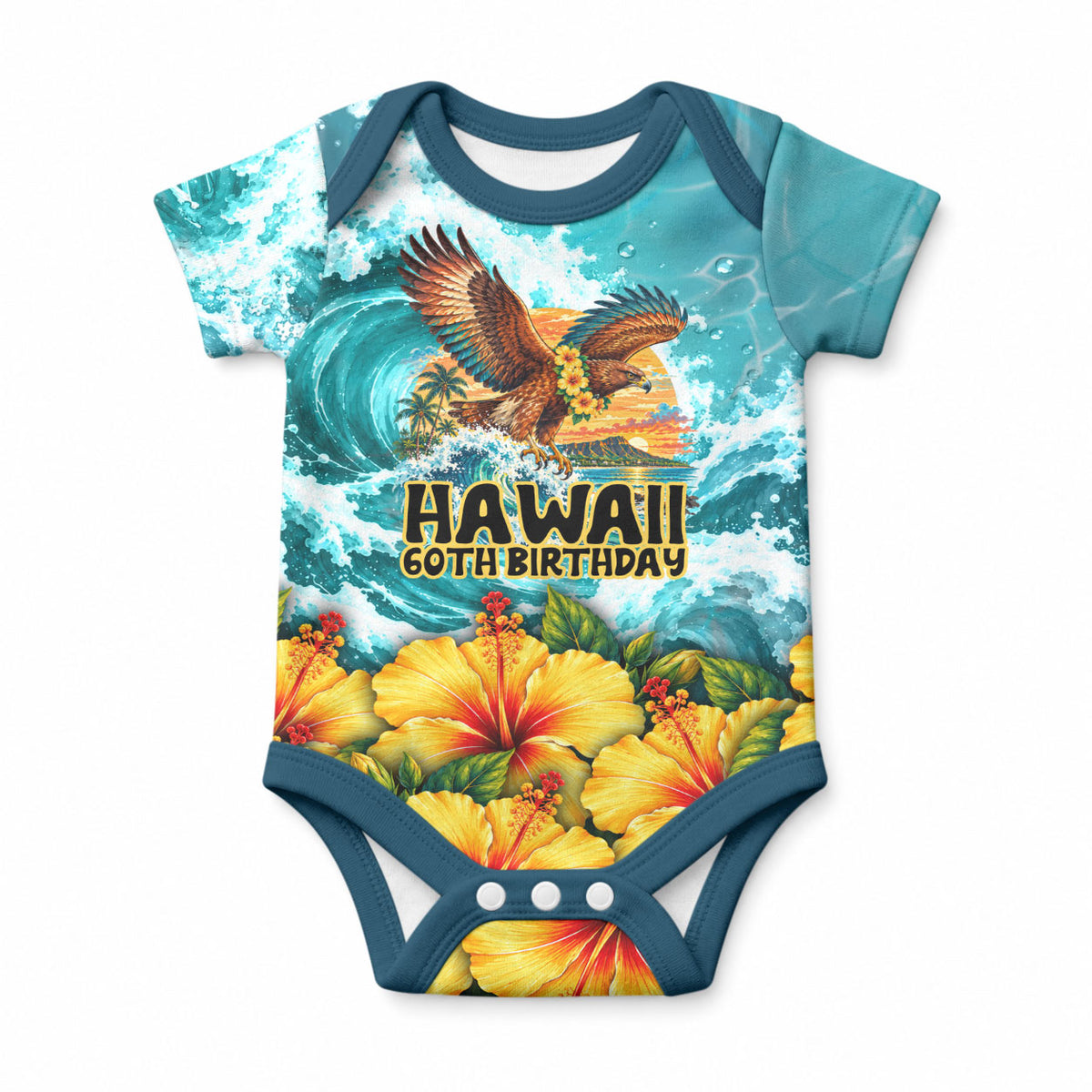 Personalized Hawaii 60th Birthday Eagle Baby Onesie Tropical Sunset Beach Hibiscus Ocean Wave