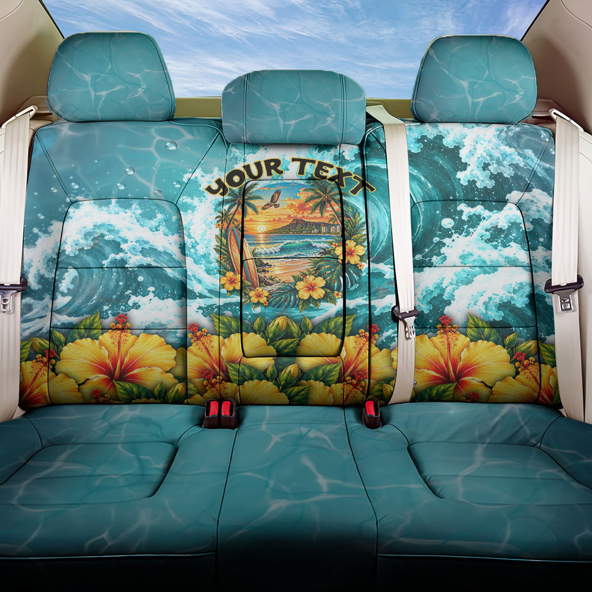 Personalized Hawaii 60th Birthday Eagle Back Car Seat Cover Tropical Sunset Beach Hibiscus Ocean Wave TS04 One Size Blue Yellow - Polynesian Pride