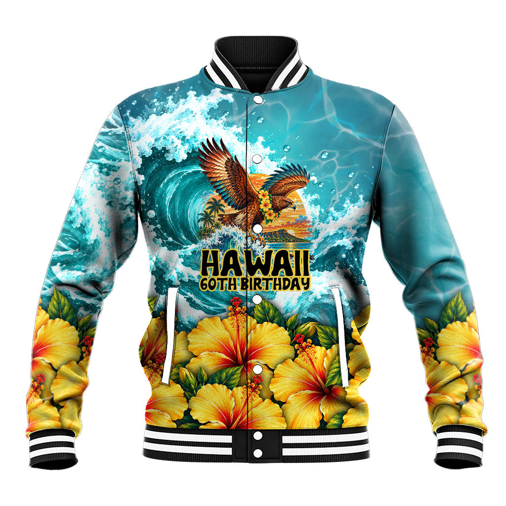 Personalized Hawaii 60th Birthday Eagle Baseball Jacket Tropical Sunset Beach Hibiscus Ocean Wave