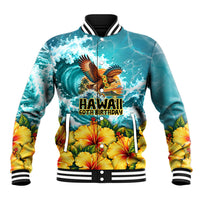 Personalized Hawaii 60th Birthday Eagle Baseball Jacket Tropical Sunset Beach Hibiscus Ocean Wave