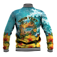 Personalized Hawaii 60th Birthday Eagle Baseball Jacket Tropical Sunset Beach Hibiscus Ocean Wave
