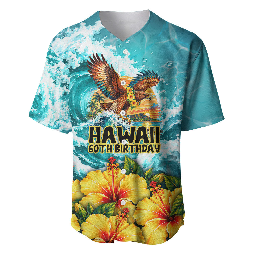 Personalized Hawaii 60th Birthday Eagle Baseball Jersey Tropical Sunset Beach Hibiscus Ocean Wave
