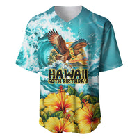 Personalized Hawaii 60th Birthday Eagle Baseball Jersey Tropical Sunset Beach Hibiscus Ocean Wave