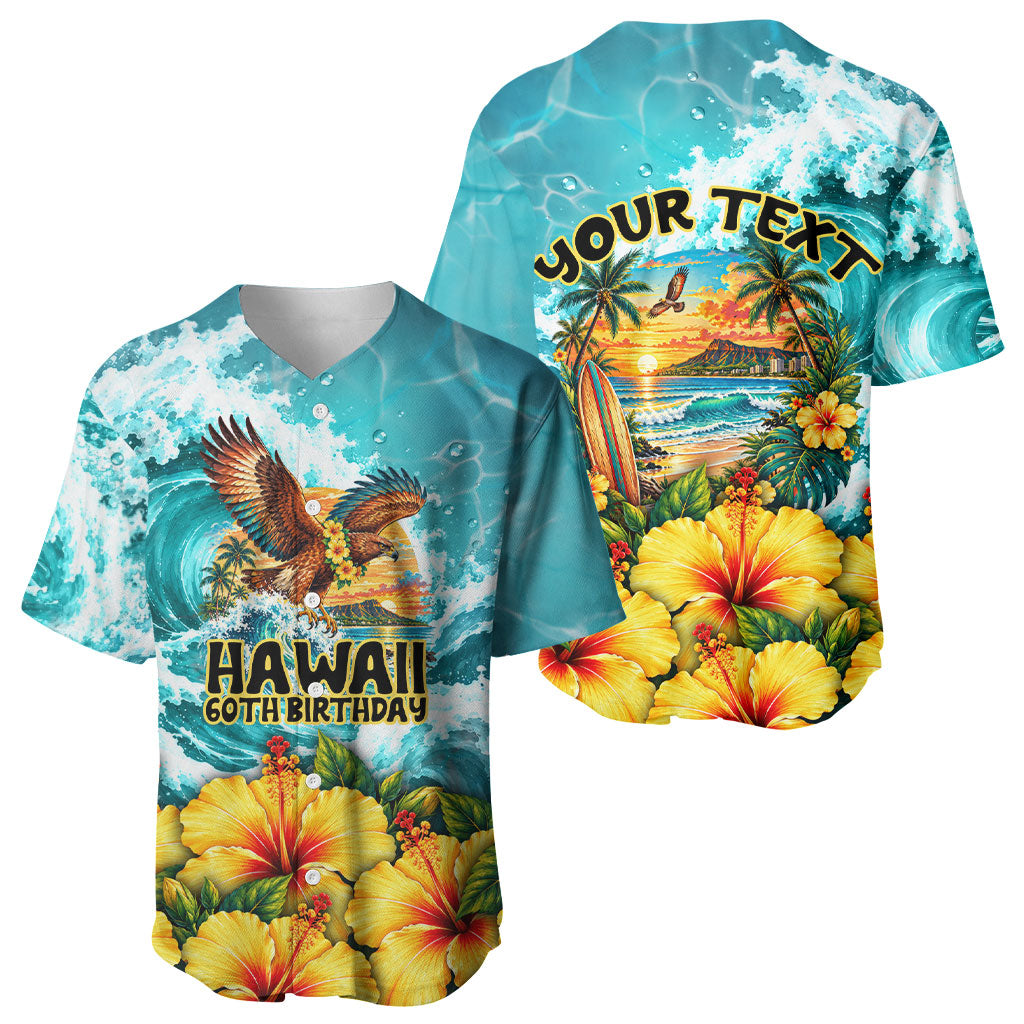 Personalized Hawaii 60th Birthday Eagle Baseball Jersey Tropical Sunset Beach Hibiscus Ocean Wave