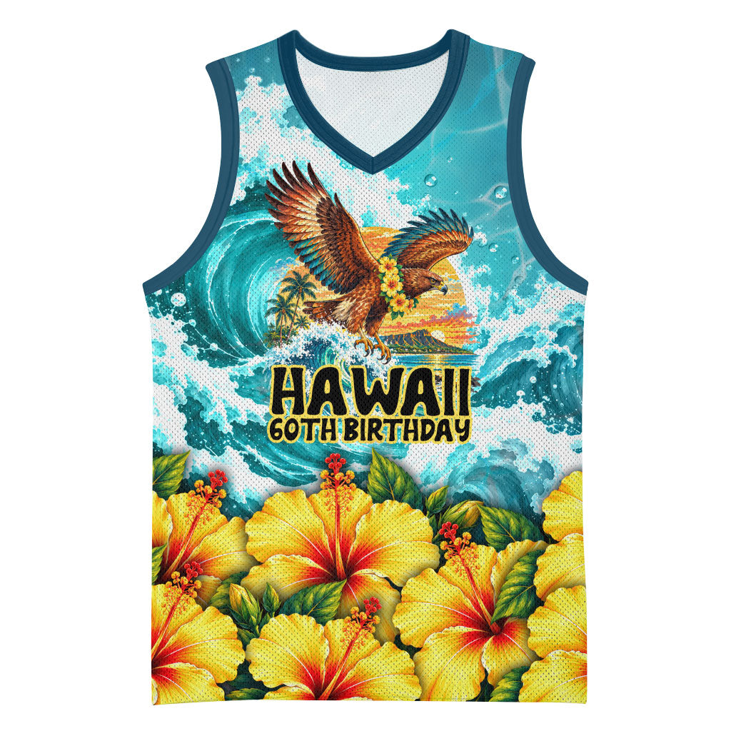 Personalized Hawaii 60th Birthday Eagle Basketball Jersey Tropical Sunset Beach Hibiscus Ocean Wave TS04 Unisex Blue Yellow - Polynesian Pride