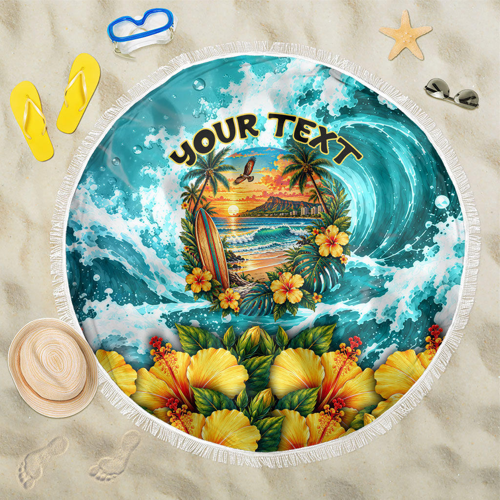 Personalized Hawaii 60th Birthday Eagle Beach Blanket Tropical Sunset Beach Hibiscus Ocean Wave