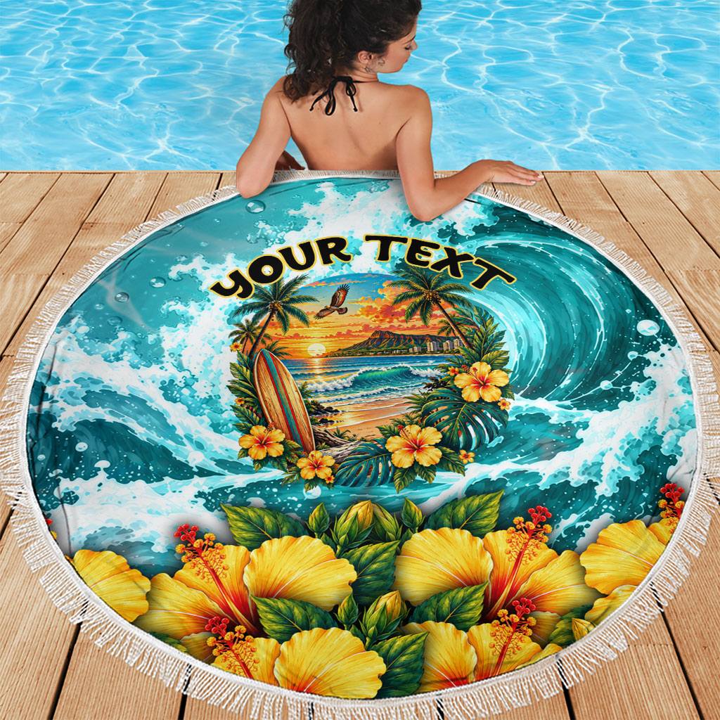 Personalized Hawaii 60th Birthday Eagle Beach Blanket Tropical Sunset Beach Hibiscus Ocean Wave