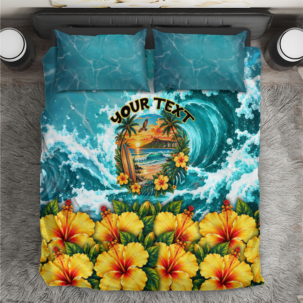 Personalized Hawaii 60th Birthday Eagle Bedding Set Tropical Sunset Beach Hibiscus Ocean Wave