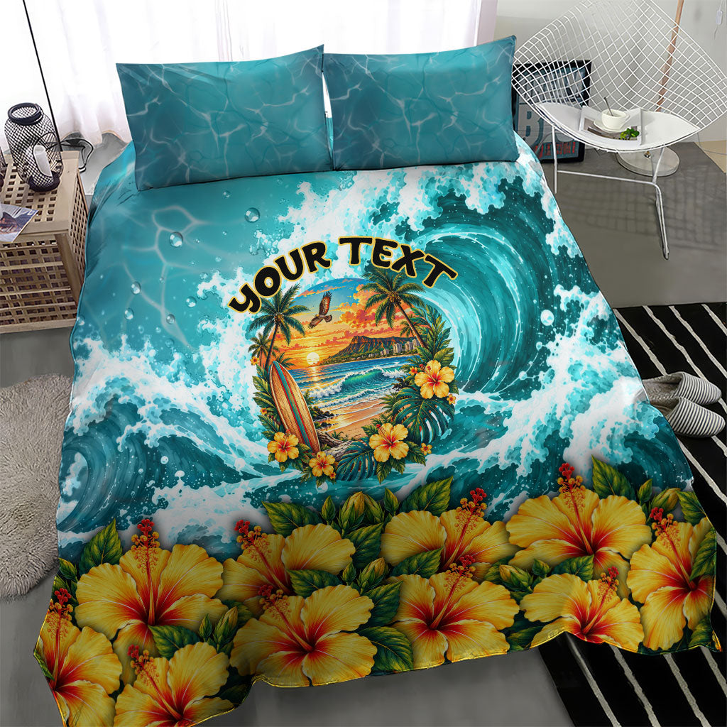 Personalized Hawaii 60th Birthday Eagle Bedding Set Tropical Sunset Beach Hibiscus Ocean Wave