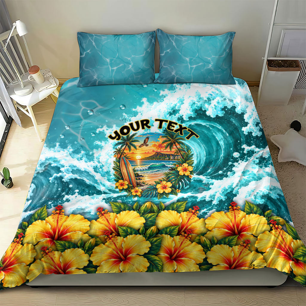 Personalized Hawaii 60th Birthday Eagle Bedding Set Tropical Sunset Beach Hibiscus Ocean Wave