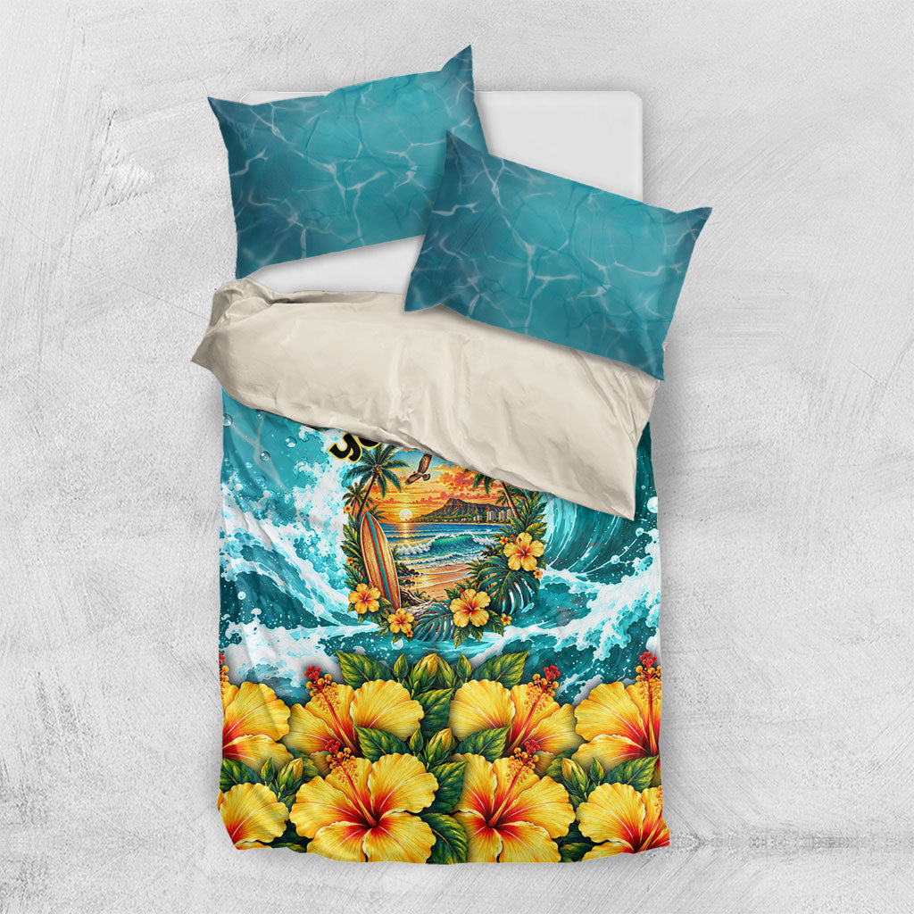 Personalized Hawaii 60th Birthday Eagle Bedding Set Tropical Sunset Beach Hibiscus Ocean Wave