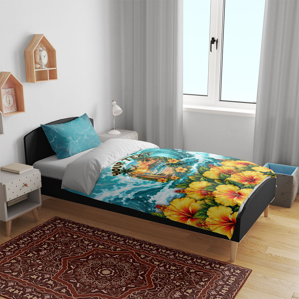 Personalized Hawaii 60th Birthday Eagle Bedding Set Tropical Sunset Beach Hibiscus Ocean Wave
