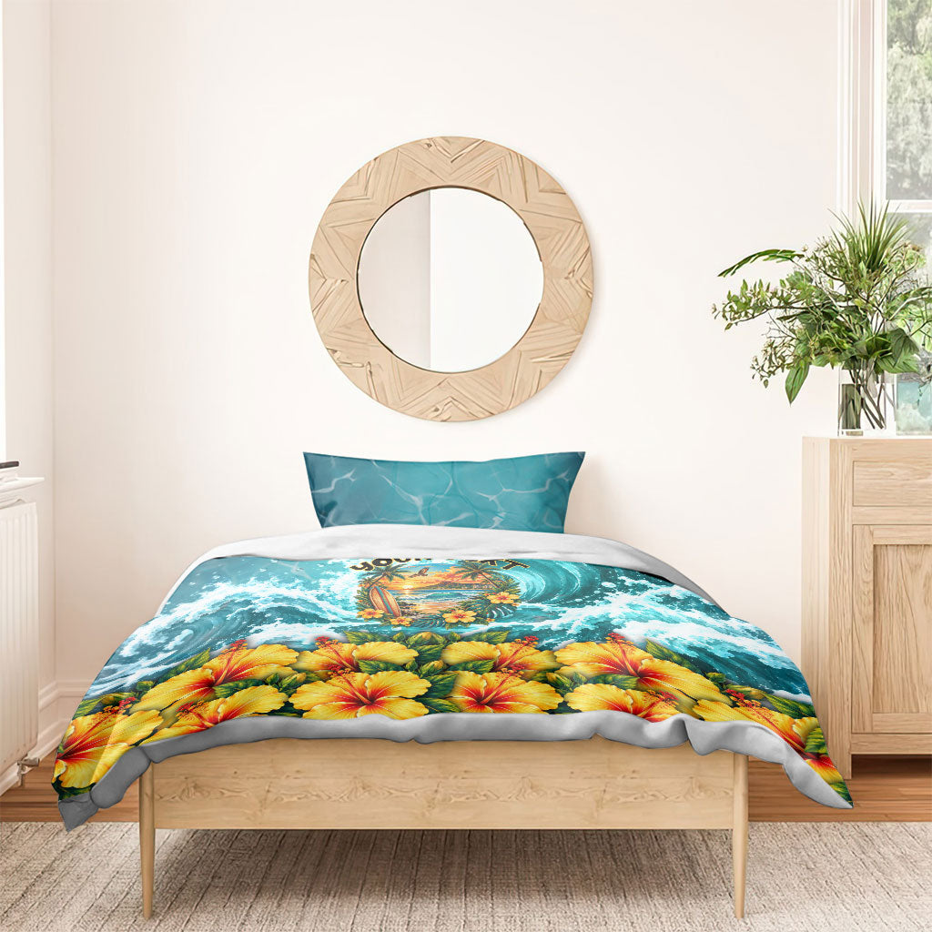 Personalized Hawaii 60th Birthday Eagle Bedding Set Tropical Sunset Beach Hibiscus Ocean Wave