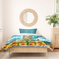 Personalized Hawaii 60th Birthday Eagle Bedding Set Tropical Sunset Beach Hibiscus Ocean Wave
