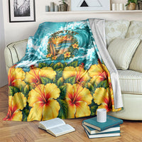 Personalized Hawaii 60th Birthday Eagle Blanket Tropical Sunset Beach Hibiscus Ocean Wave TS04 Blue Yellow - Polynesian Pride