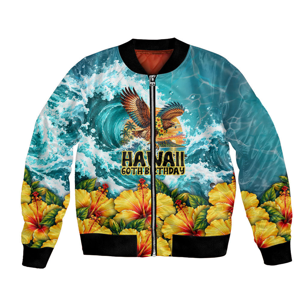 Personalized Hawaii 60th Birthday Eagle Bomber Jacket Tropical Sunset Beach Hibiscus Ocean Wave