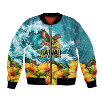 Personalized Hawaii 60th Birthday Eagle Bomber Jacket Tropical Sunset Beach Hibiscus Ocean Wave