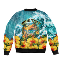 Personalized Hawaii 60th Birthday Eagle Bomber Jacket Tropical Sunset Beach Hibiscus Ocean Wave