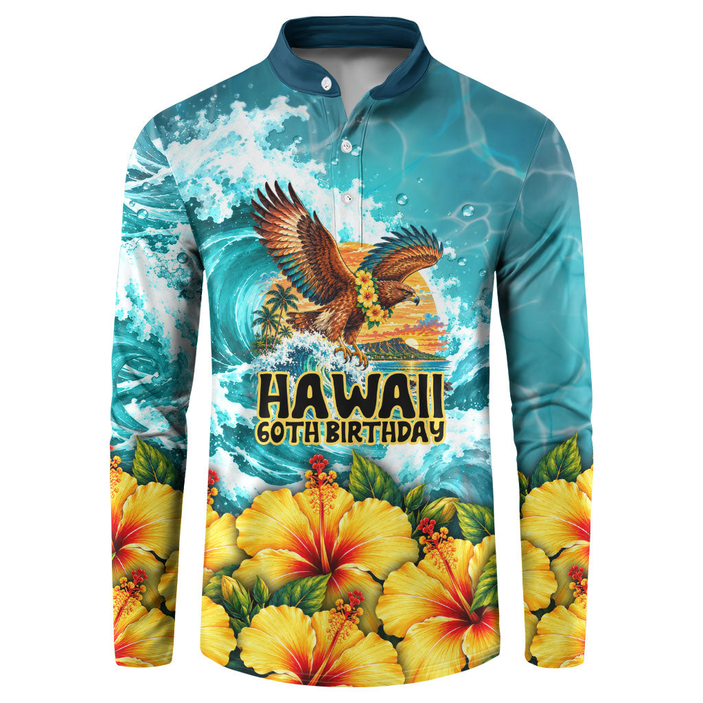 Personalized Hawaii 60th Birthday Eagle Button Sweatshirt Tropical Sunset Beach Hibiscus Ocean Wave TS04 Blue Yellow - Polynesian Pride