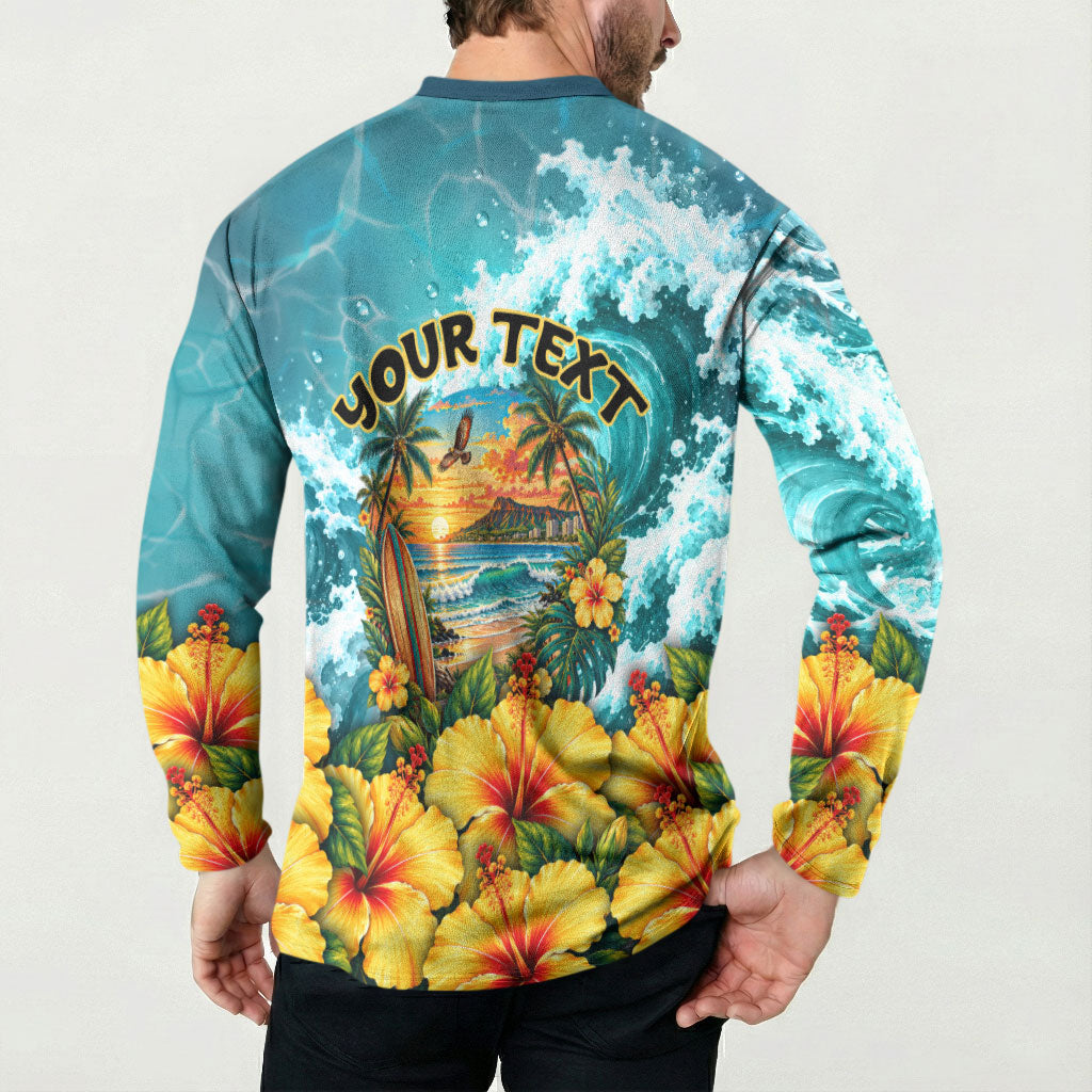 Personalized Hawaii 60th Birthday Eagle Button Sweatshirt Tropical Sunset Beach Hibiscus Ocean Wave TS04 - Polynesian Pride
