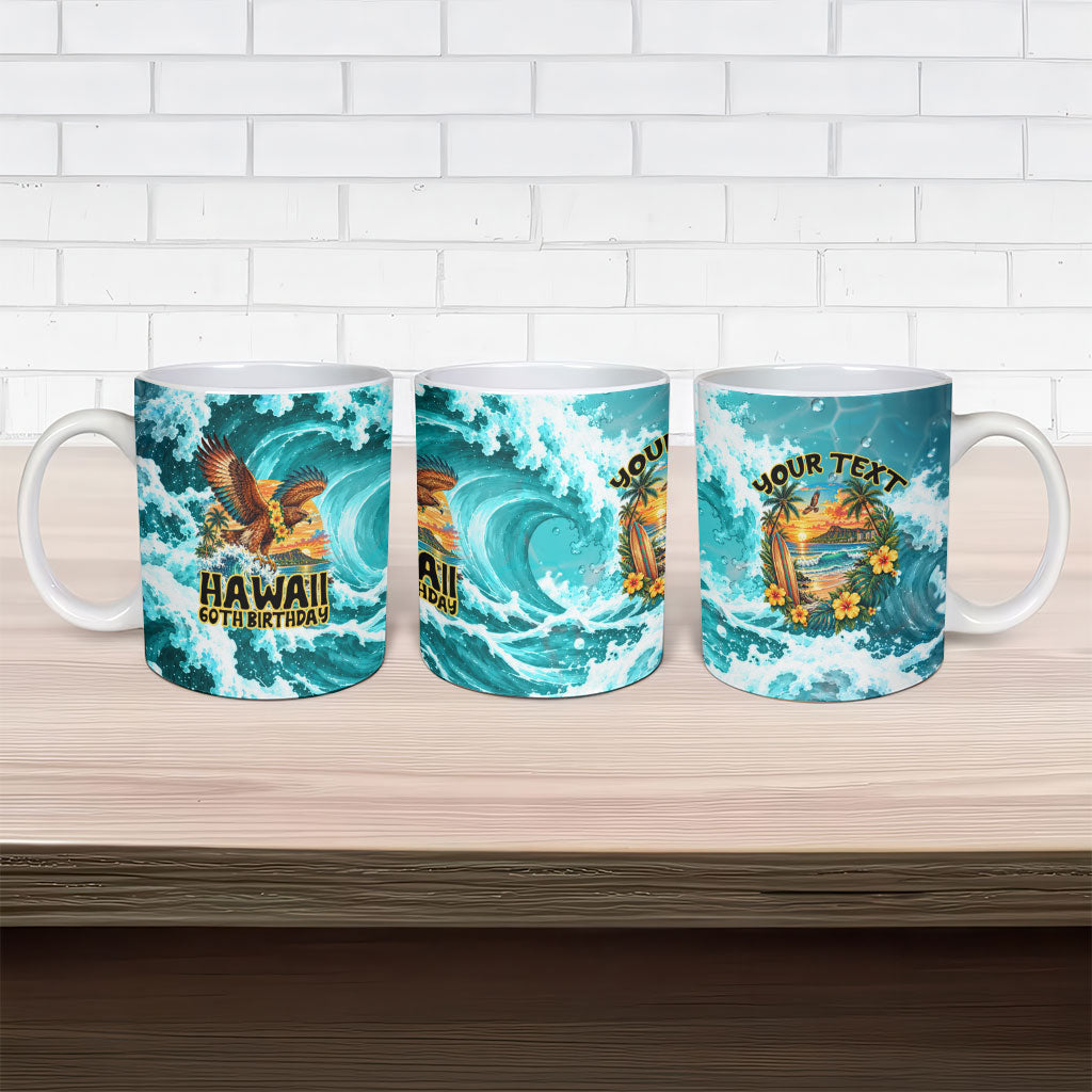 Personalized Hawaii 60th Birthday Eagle Ceramic Mug Tropical Sunset Beach Hibiscus Ocean Wave TS04 - Polynesian Pride