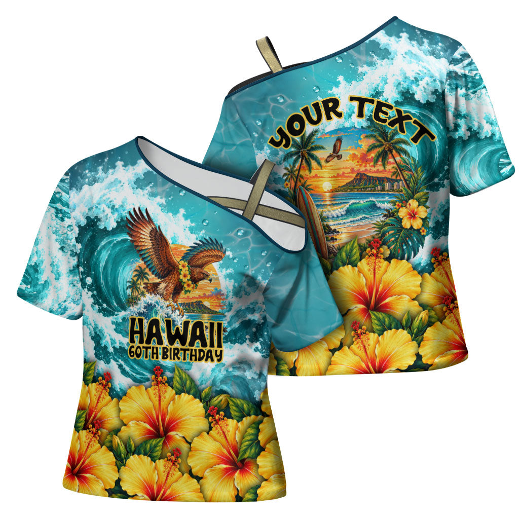 Personalized Hawaii 60th Birthday Eagle Cross Shoulder Shirt Tropical Sunset Beach Hibiscus Ocean Wave TS04 - Polynesian Pride