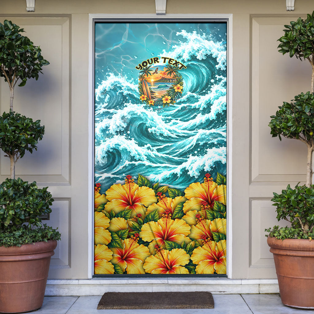 Personalized Hawaii 60th Birthday Eagle Door Cover Tropical Sunset Beach Hibiscus Ocean Wave