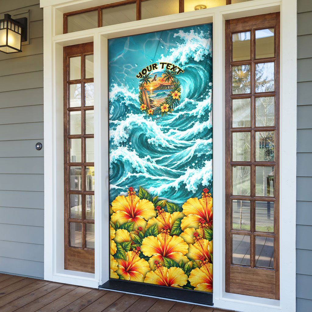 Personalized Hawaii 60th Birthday Eagle Door Cover Tropical Sunset Beach Hibiscus Ocean Wave