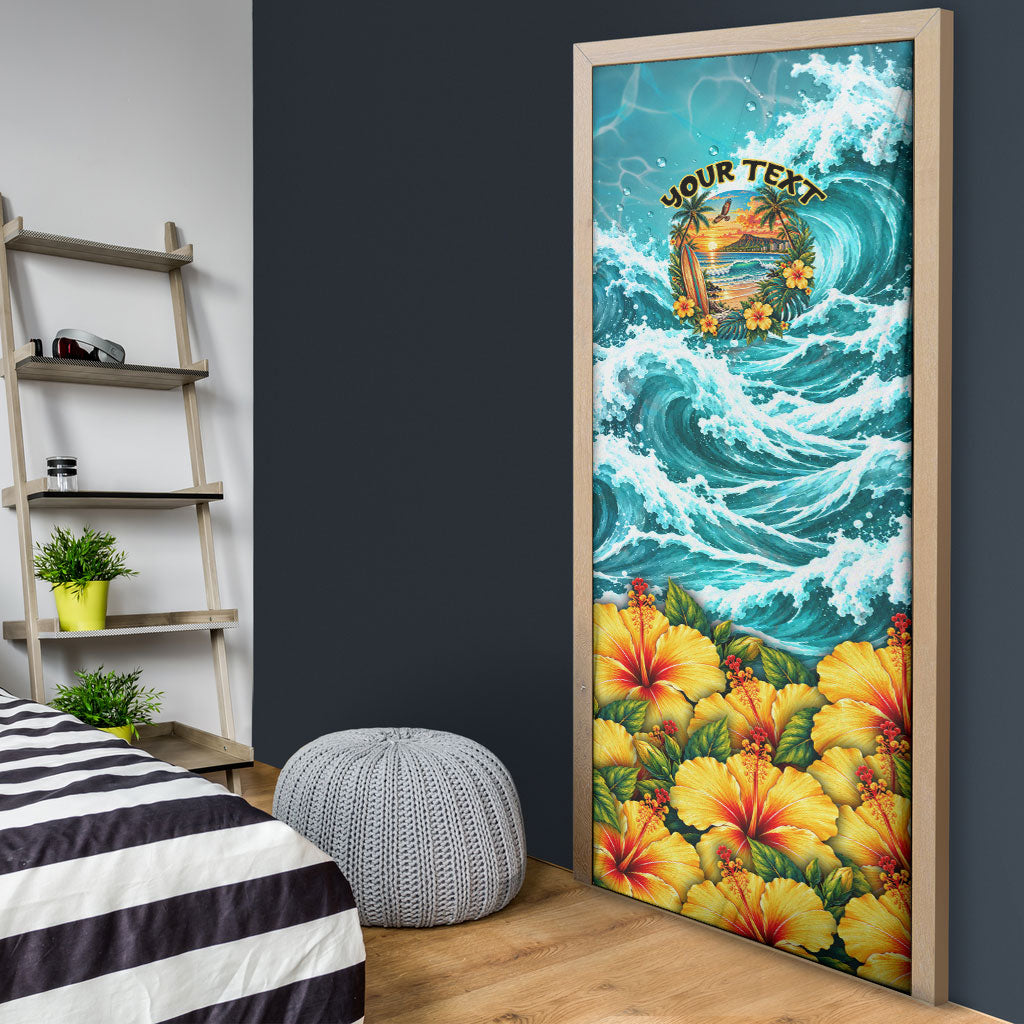 Personalized Hawaii 60th Birthday Eagle Door Cover Tropical Sunset Beach Hibiscus Ocean Wave