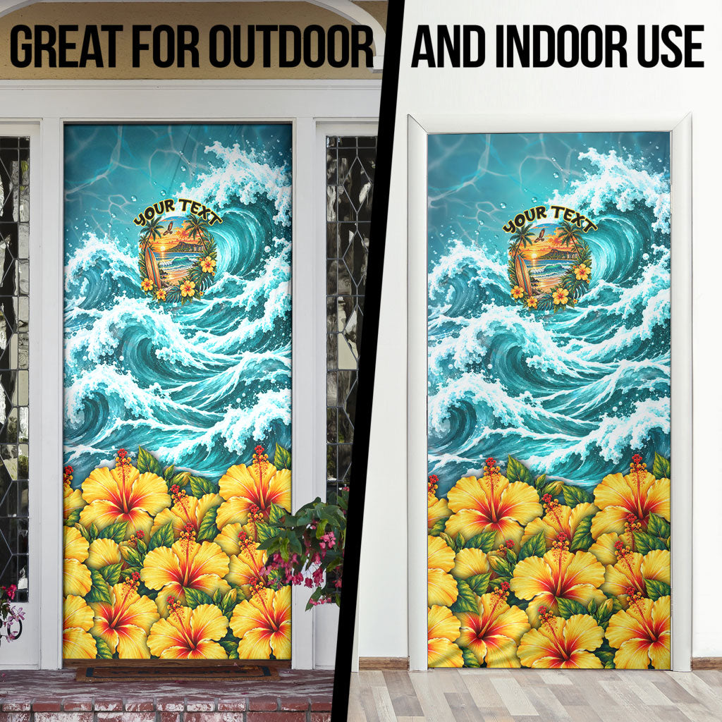 Personalized Hawaii 60th Birthday Eagle Door Cover Tropical Sunset Beach Hibiscus Ocean Wave