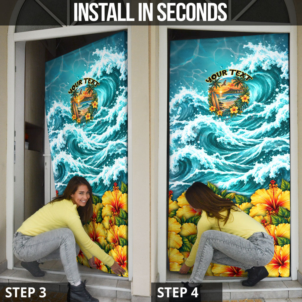 Personalized Hawaii 60th Birthday Eagle Door Cover Tropical Sunset Beach Hibiscus Ocean Wave