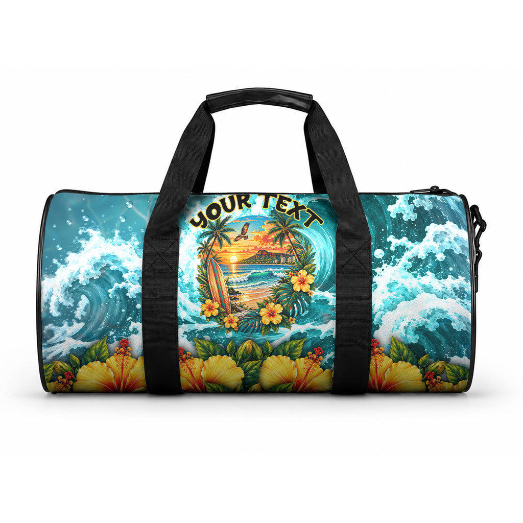 Personalized Hawaii 60th Birthday Eagle Duffle Bag Tropical Sunset Beach Hibiscus Ocean Wave