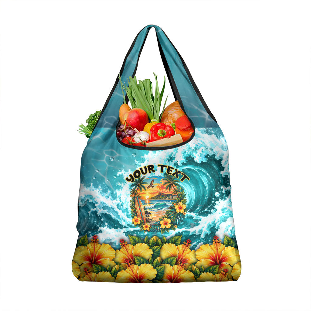 Personalized Hawaii 60th Birthday Eagle Grocery Bag Tropical Sunset Beach Hibiscus Ocean Wave