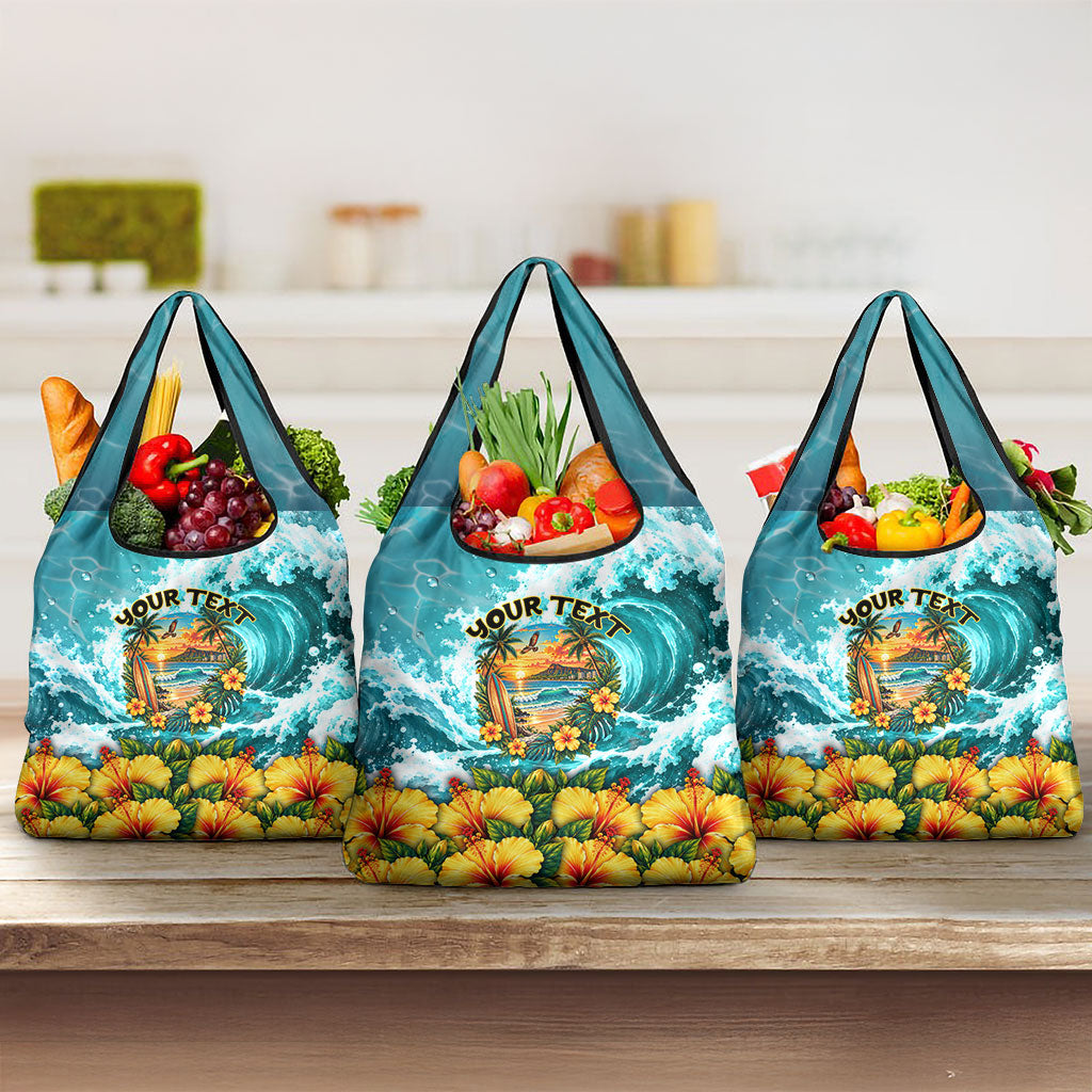 Personalized Hawaii 60th Birthday Eagle Grocery Bag Tropical Sunset Beach Hibiscus Ocean Wave